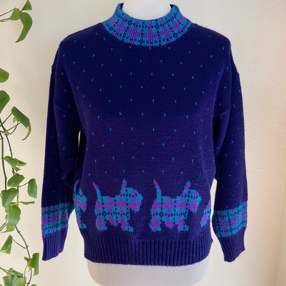 Vintage Sweaters - Vintage 60s 70s Kitschy Scottish Terrier Mock Neck Sweater